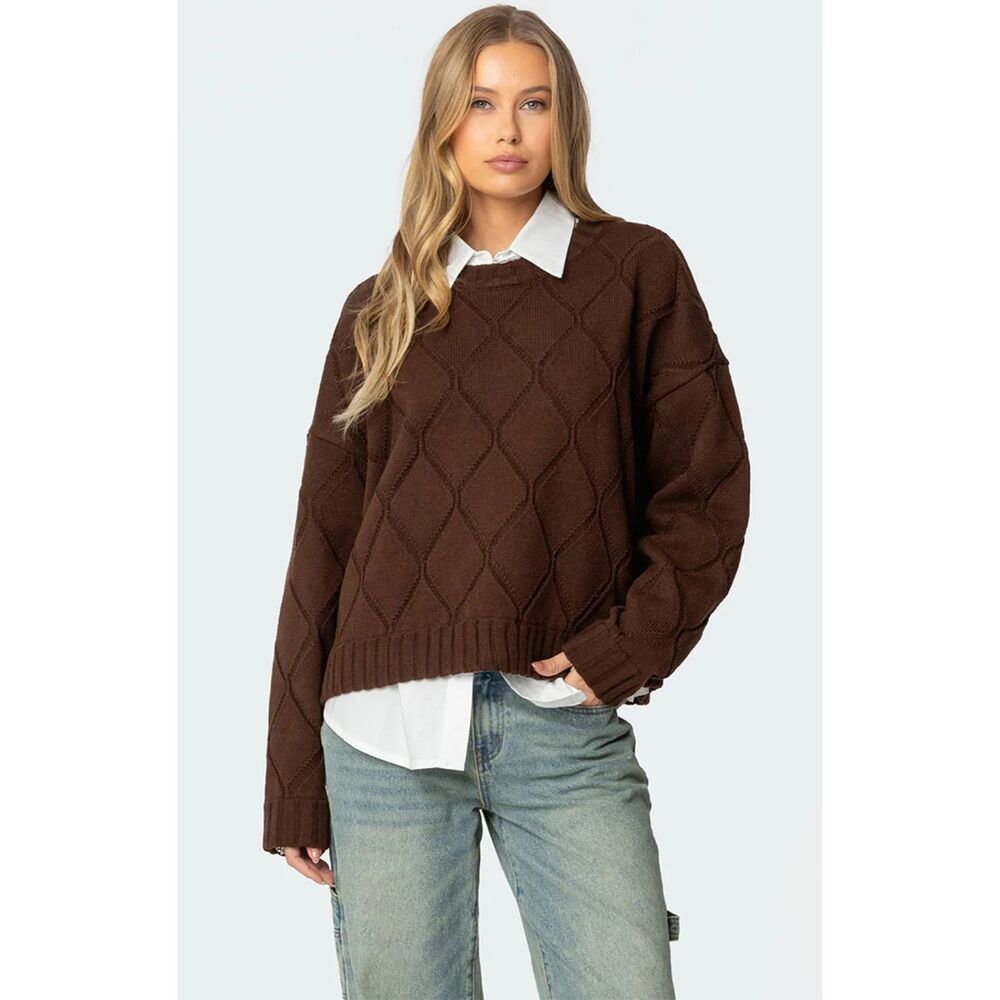 Edikted Cass Oversized Textured Knit Sweater - Brown - Size XL